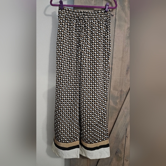 H&M Twill Satin Drawstring Wide Leg Patterened Trouser In Beige/black. Size SM - Picture 13 of 16